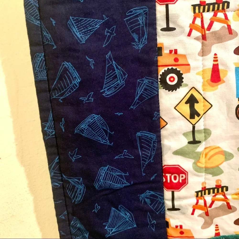 Handmade Child’s Construction Vehicles Transportation Patchwork Quilt Multicolor